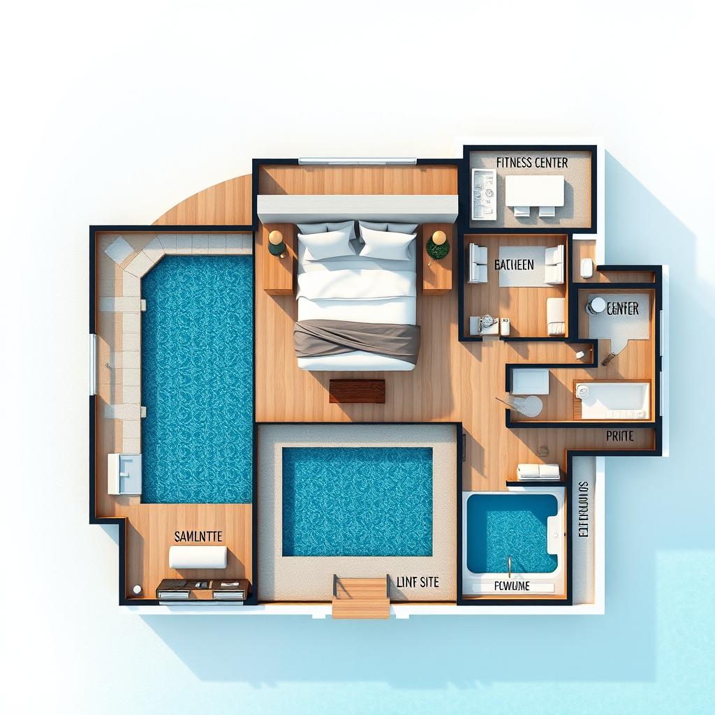 A detailed hotel guestroom floorplan displaying a luxurious swim-out suite