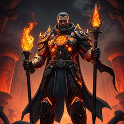 A tall, imposing figure named Elias, clad in a battle-worn suit that fuses futuristic technology with medieval craftsmanship