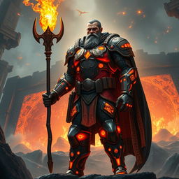A tall, imposing figure named Elias, clad in a battle-worn suit that fuses futuristic technology with medieval craftsmanship