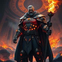 A tall, imposing figure named Elias, clad in a battle-worn suit that fuses futuristic technology with medieval craftsmanship