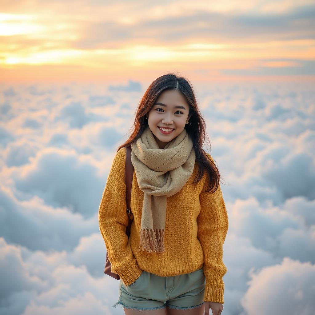 A beautiful Korean woman on vacation in a dreamlike cloud kingdom, smiling softly and cutely at the camera