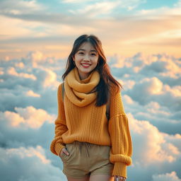 A beautiful Korean woman on vacation in a dreamlike cloud kingdom, smiling softly and cutely at the camera