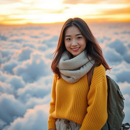 A beautiful Korean woman on vacation in a dreamlike cloud kingdom, smiling softly and cutely at the camera