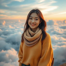 A beautiful Korean woman on vacation in a dreamlike cloud kingdom, smiling softly and cutely at the camera