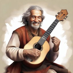 An ultra-realistic digital art of a smiling vagrant bard, his face radiating joy and warmth