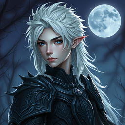 A young male shadar-kai paladin of the Raven Queen, featuring striking white hair and a darkly elegant appearance