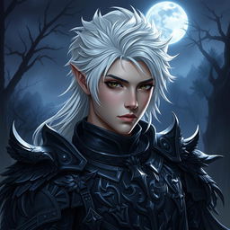 A young male shadar-kai paladin of the Raven Queen, featuring striking white hair and a darkly elegant appearance