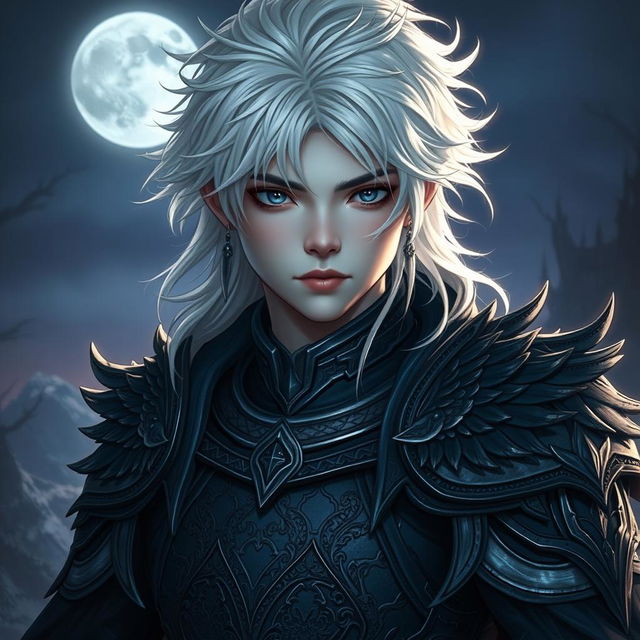 A young male shadar-kai paladin of the Raven Queen, featuring striking white hair and a darkly elegant appearance