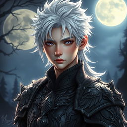 A young male shadar-kai paladin of the Raven Queen, featuring striking white hair and a darkly elegant appearance