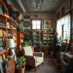 A serene and tranquil thrift store filled with vintage treasures and eclectic decorations, showcasing a warm and inviting atmosphere