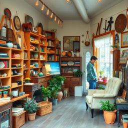 A serene and tranquil thrift store filled with vintage treasures and eclectic decorations, showcasing a warm and inviting atmosphere