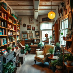 A serene and tranquil thrift store filled with vintage treasures and eclectic decorations, showcasing a warm and inviting atmosphere