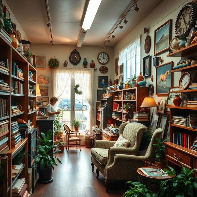 A serene and tranquil thrift store filled with vintage treasures and eclectic decorations, showcasing a warm and inviting atmosphere