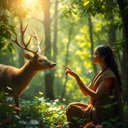 A serene forest scene featuring Sita, a beautiful woman in traditional attire with intricate patterns, gracefully pointing her finger at a magical deer with glowing antlers