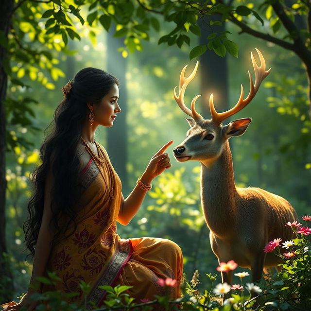 A serene forest scene featuring Sita, a beautiful woman in traditional attire with intricate patterns, gracefully pointing her finger at a magical deer with glowing antlers