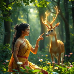 A serene forest scene featuring Sita, a beautiful woman in traditional attire with intricate patterns, gracefully pointing her finger at a magical deer with glowing antlers