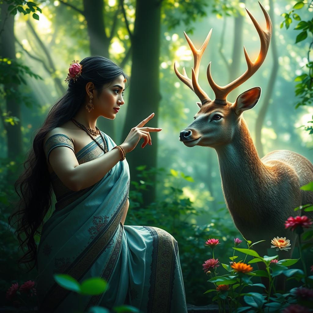 A serene forest scene featuring Sita, a beautiful woman in traditional attire with intricate patterns, gracefully pointing her finger at a magical deer with glowing antlers