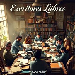 A movie poster inspired by the film 'Escritores Libres', featuring a diverse group of writers sitting around a large, cluttered table full of notebooks, typewriters, and steaming coffee cups