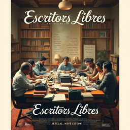 A movie poster inspired by the film 'Escritores Libres', featuring a diverse group of writers sitting around a large, cluttered table full of notebooks, typewriters, and steaming coffee cups