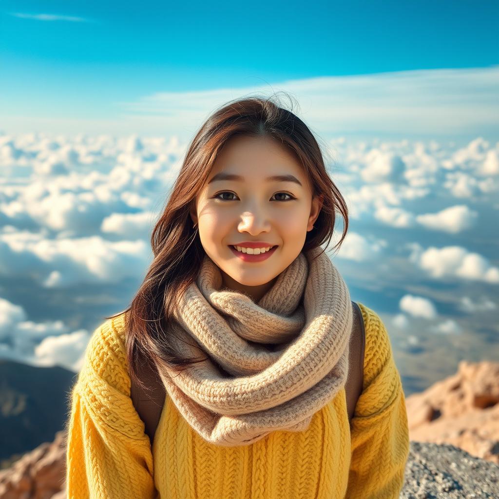 A beautiful Korean woman on vacation in a sky-high realm, facing the camera with a soft, cute smile