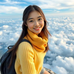 A beautiful Korean woman on vacation in a sky-high realm, facing the camera with a soft, cute smile