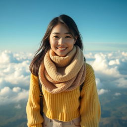 A beautiful Korean woman on vacation in a sky-high realm, facing the camera with a soft, cute smile
