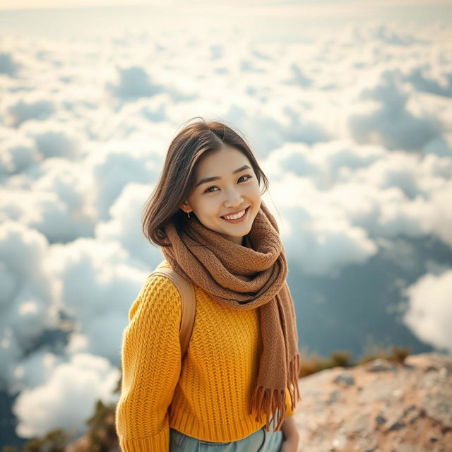 A beautiful Korean woman on vacation in a sky-high realm, facing the camera with a soft, cute smile