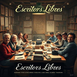 A movie poster inspired by the film 'Escritores Libres', featuring a diverse group of writers sitting around a large, cluttered table full of notebooks, typewriters, and steaming coffee cups