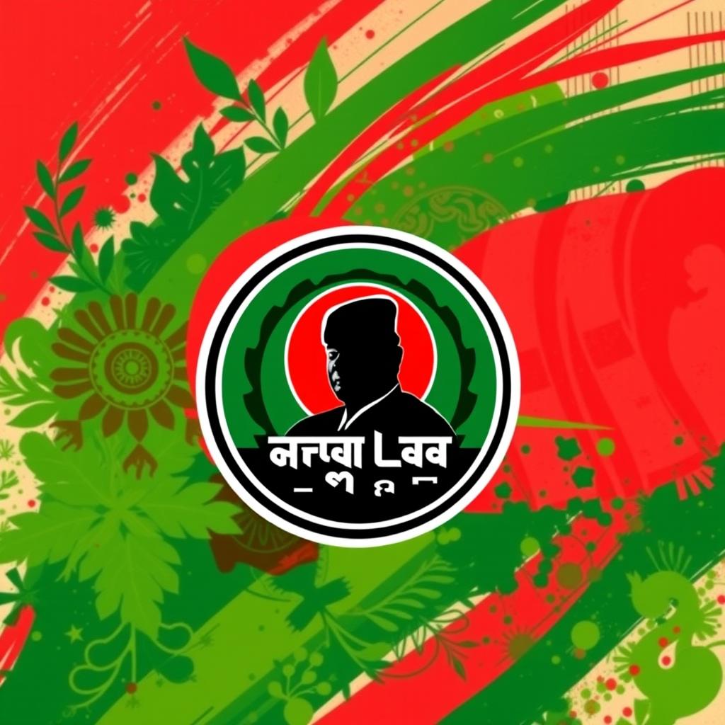 A vibrant, abstract background featuring elements that represent the cultural heritage of Bangladesh, with green and red hues symbolizing the national colors