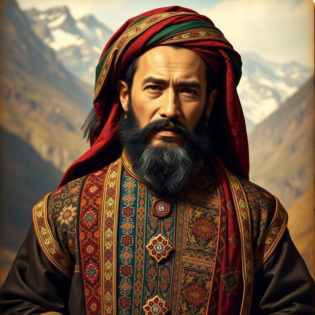 A historic portrait of Shah Mahmood Hotaki, the Afghan leader with a regal presence, dressed in traditional Pashto attire adorned with intricate patterns and colorful embroidery