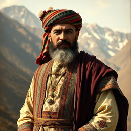 A historic portrait of Shah Mahmood Hotaki, the Afghan leader with a regal presence, dressed in traditional Pashto attire adorned with intricate patterns and colorful embroidery