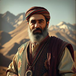 A historic portrait of Shah Mahmood Hotaki, the Afghan leader with a regal presence, dressed in traditional Pashto attire adorned with intricate patterns and colorful embroidery