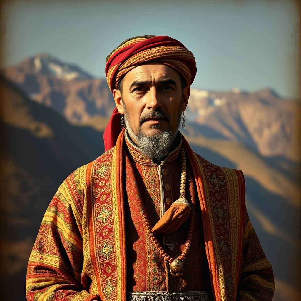 A historic portrait of Shah Mahmood Hotaki, the Afghan leader with a regal presence, dressed in traditional Pashto attire adorned with intricate patterns and colorful embroidery