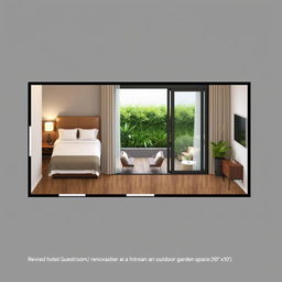 A revised standard hotel guestroom floorplan for a king bed room, showcasing a renovation that introduces an outdoor garden space measuring 10'x10'