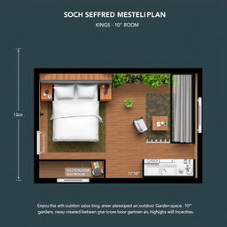 A revised standard hotel guestroom floorplan for a king bed room, showcasing a renovation that introduces an outdoor garden space measuring 10'x10'