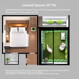 A revised standard hotel guestroom floorplan for a king bed room, showcasing a renovation that introduces an outdoor garden space measuring 10'x10'