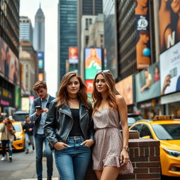 Two stylish young women standing together on a bustling New York City street, with skyscrapers and colorful billboards in the background