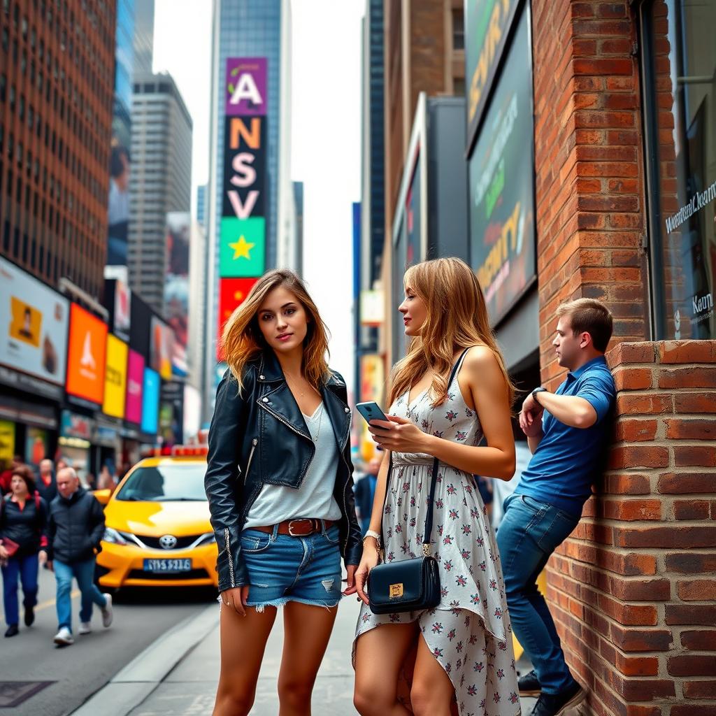 Two stylish young women standing together on a bustling New York City street, with skyscrapers and colorful billboards in the background