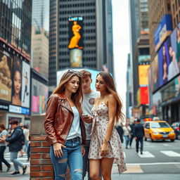 Two stylish young women standing together on a bustling New York City street, with skyscrapers and colorful billboards in the background