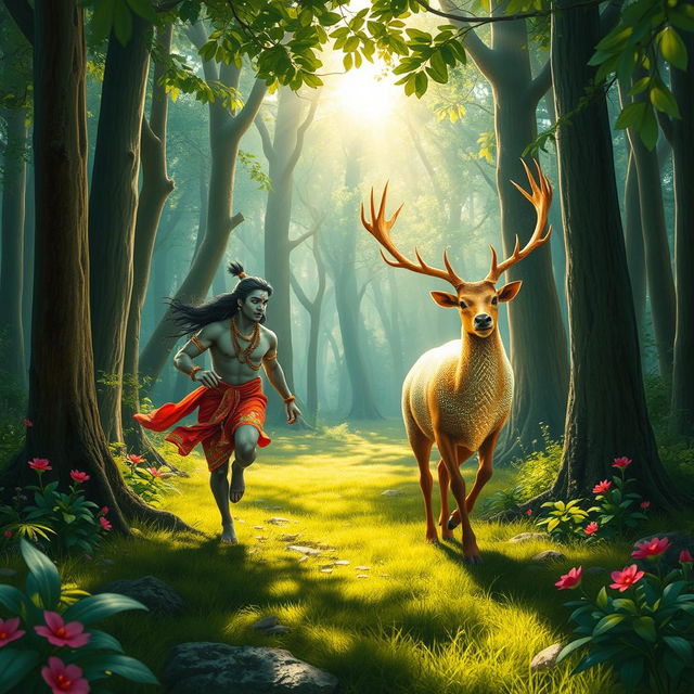 A vibrant and enchanting scene depicting Rama, a heroic figure from Indian mythology, pursuing a magical deer through a lush, green forest