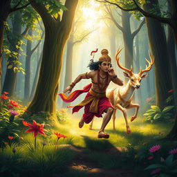 A vibrant and enchanting scene depicting Rama, a heroic figure from Indian mythology, pursuing a magical deer through a lush, green forest