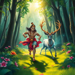 A vibrant and enchanting scene depicting Rama, a heroic figure from Indian mythology, pursuing a magical deer through a lush, green forest