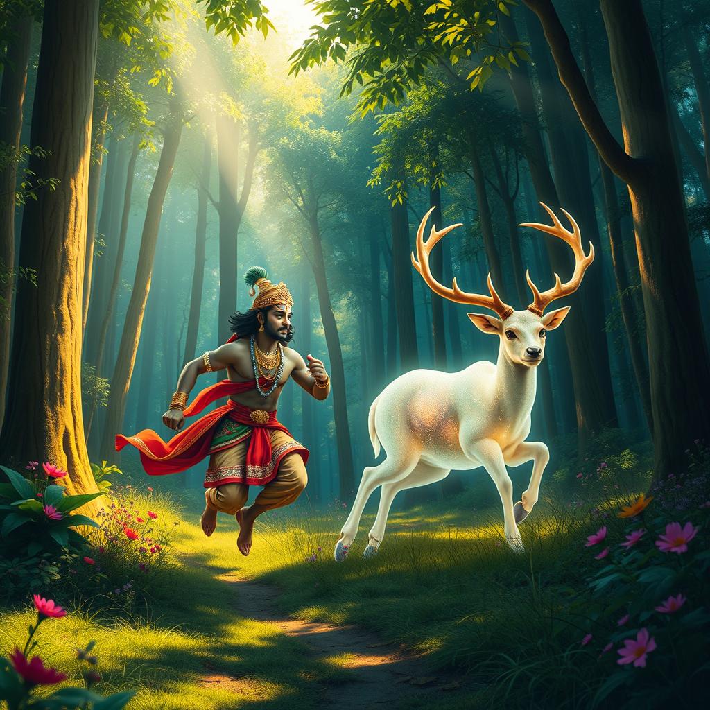 A vibrant and enchanting scene depicting Rama, a heroic figure from Indian mythology, pursuing a magical deer through a lush, green forest