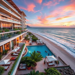 A stunning, luxurious hotel located by the beach, featuring elegant architecture with large glass windows, a beautiful terrace filled with tropical plants, and comfortable lounge chairs
