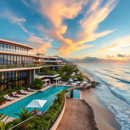 A stunning, luxurious hotel located by the beach, featuring elegant architecture with large glass windows, a beautiful terrace filled with tropical plants, and comfortable lounge chairs