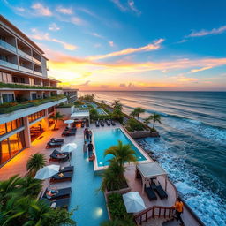 A stunning, luxurious hotel located by the beach, featuring elegant architecture with large glass windows, a beautiful terrace filled with tropical plants, and comfortable lounge chairs