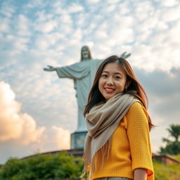 A beautiful Korean woman on vacation in Tana Toraja, standing at Buntu Burake by the statue of Jesus, smiling gently and cutely at the camera
