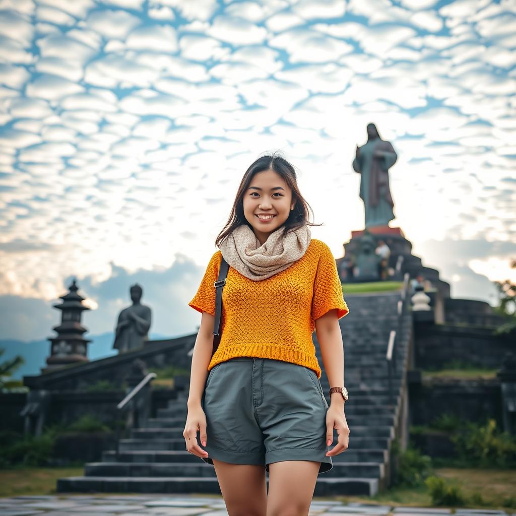 A beautiful Korean woman on vacation in Tana Toraja, standing at Buntu Burake by the statue of Jesus, smiling gently and cutely at the camera