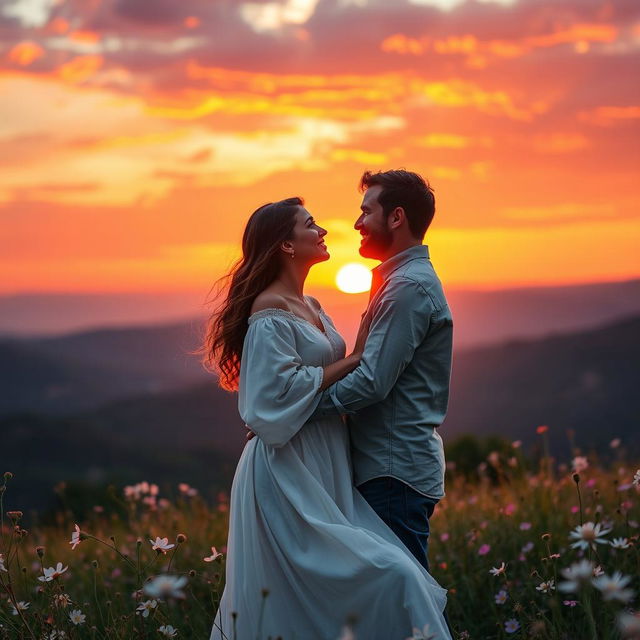 A serene and heartwarming scene depicting a couple embracing under a vibrant sunset, reflecting themes of love and faith