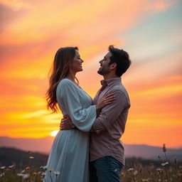 A serene and heartwarming scene depicting a couple embracing under a vibrant sunset, reflecting themes of love and faith